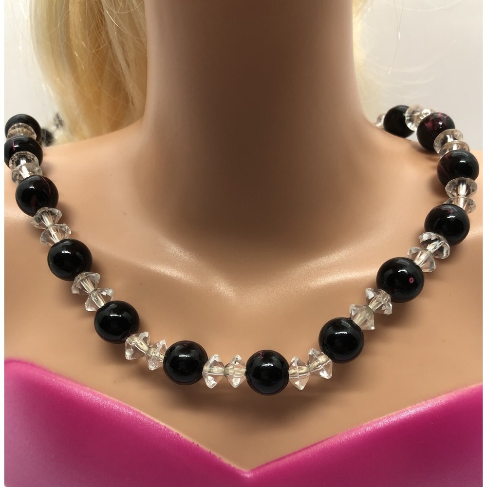 Necklace Beaded Black-ish Red Clear‎ White Estate Costume Jewelry 18" Stretchy